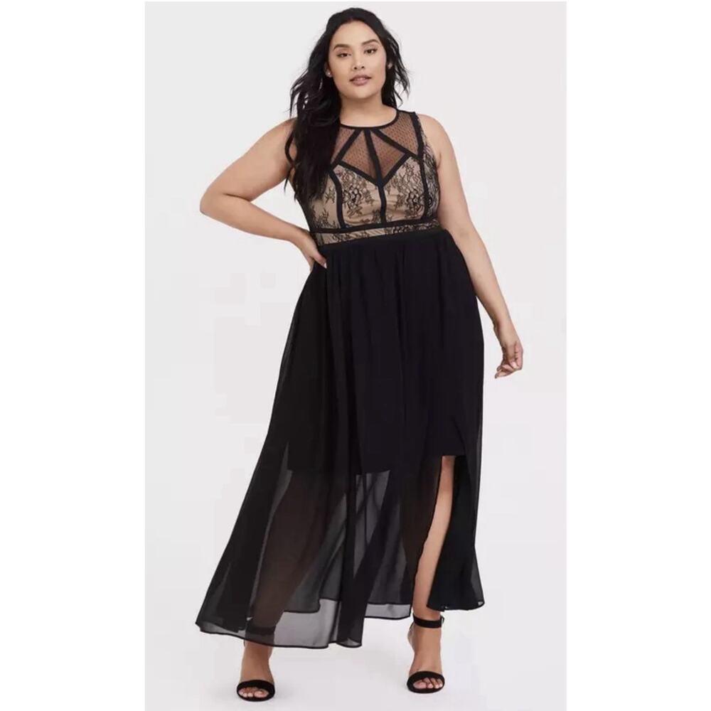 Torrid Black Tan Lace Chiffon Women Maxi Dress Size 18 Party Event Wedding Guest